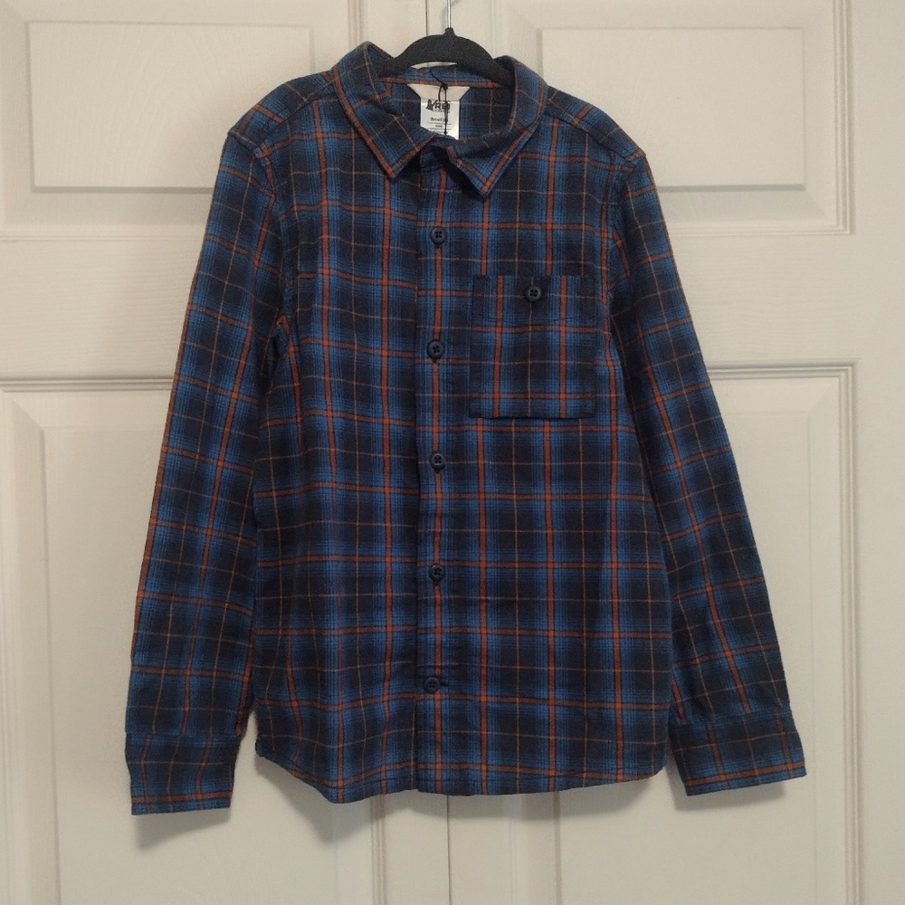 REI Boy's Wallace Lake Flannel Blue Orange Plaid Button Up Long Sleeve Shirt
